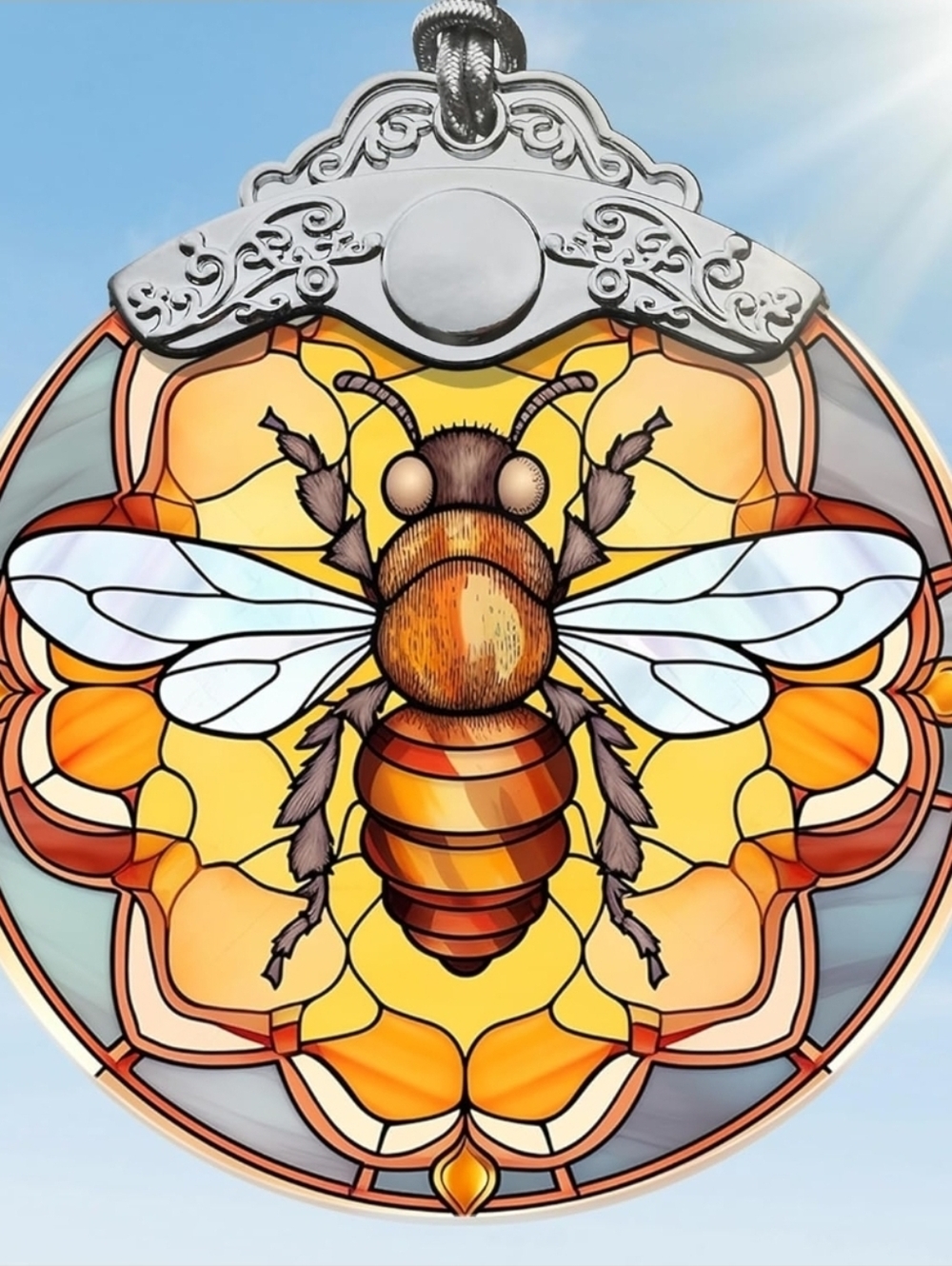 Stained Glass Bee Suncatcher - Amber Yellow and Blue